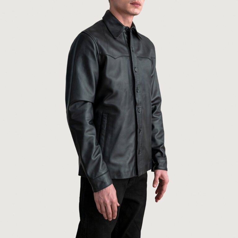 Mens Bronco Black Leather Shirt Side Pose-3-1724066361628